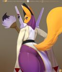  2018 ambiguous_gender anthro black_nose black_sclera blue_eyes butt butt_pose clothed clothing digimon digital_media_(artwork) dipstick_ears doomthewolf facial_markings furgonomics hi_res markings paintbrush patreon simple_background solo taomon thick_thighs url 