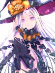  abigail_williams_(fate/grand_order) bangs black_bow black_gloves black_hat black_panties bow commentary elbow_gloves fate/grand_order fate_(series) gloves glowing hat hat_bow head_tilt highres long_hair looking_at_viewer orange_bow outstretched_arm panties parted_bangs parted_lips polka_dot polka_dot_bow purple_eyes revealing_clothes revision signature silver_hair simple_background skull_print sofra solo topless underwear very_long_hair white_background witch_hat 