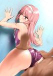  1girl against_wall ass ass_grab back_cutout bangs blush buttjob censored competition_swimsuit dream_c_club dream_c_club_(series) dream_c_club_gogo. dutch_angle eyebrows_visible_through_hair hair_between_eyes hairband hetero highres hisakabe_oune long_hair looking_at_viewer looking_back mosaic_censoring noko_(dream_c_club_gogo.) one-piece_swimsuit parted_lips penis pink_eyes pink_hair pout purple_swimsuit shiny shiny_clothes shiny_hair solo_focus swimsuit wet white_hairband 