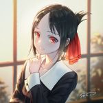  1girl black_hair blurry blurry_background bow chama_kou commentary finger_to_chin hair_bow half_updo kaguya-sama_wa_kokurasetai_~tensai-tachi_no_renai_zunousen~ looking_at_viewer red_eyes school_uniform shinomiya_kaguya signature solo sunset upper_body 