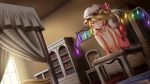  1girl bed bedroom blonde_hair blurry book bookshelf canopy_bed chest_of_drawers commentary_request convenient_leg crystal day depth_of_field dutch_angle fall_(5754478) flandre_scarlet from_below glowing glowing_eyes hands_on_own_knees hat hat_ribbon indoors knees_to_chest looking_at_viewer mirror mob_cap on_chair picture_frame puffy_short_sleeves puffy_sleeves red_eyes red_skirt red_vest ribbon shirt short_hair short_sleeves side_ponytail sitting skirt smile solo touhou vanity_table vest white_shirt window wings 