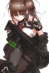  assault_rifle black_legwear breasts brown_eyes brown_hair closed_mouth gloves gun holding holding_gun holding_weapon holster jacket jungle_style kfr knee_pads long_hair looking_at_viewer m4_carbine medium_breasts military off_shoulder open_clothes open_jacket original pantyhose rifle side_ponytail skirt solo thigh_holster weapon white_background 