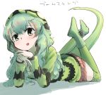  animal_hood blush boomslang_(kemono_friends) boots character_name eyebrows_visible_through_hair full_body green_hair highres hood hoodie ka_(3s4k4) kemono_friends long_hair long_sleeves lying multicolored_hair on_stomach pleated_skirt red_hair simple_background skirt snake_tail solo tail thighhighs translated white_background 