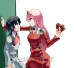  1boy 1girl bangs black_hair black_legwear blue_eyes chocolate couple darling_in_the_franxx eyebrows_visible_through_hair facing_another fringe green_eyes hair_ornament hairband hand_up hetero hiro_(darling_in_the_franxx) holding holding_chocolate horns long_hair long_sleeves looking_at_another military military_uniform necktie oni_horns orange_neckwear pantyhose pink_hair red_horns red_neckwear short_hair signature uniform white_hairband zero_two_(darling_in_the_franxx) zipskyblue 