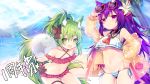  :d animal_ears arm_up ascot azur_lane bangs bare_shoulders bikini black_bow black_sailor_collar blue_sky blurry blurry_background blush bow breasts brown_jacket cloud commentary_request crop_top crop_top_overhang day depth_of_field eyebrows_visible_through_hair eyewear_on_head fang flower green_eyes green_hair hair_between_eyes hair_bow hair_flower hair_ornament isokaze_(azur_lane) jacket lifebuoy medium_breasts mountain multiple_girls open_clothes open_jacket open_mouth outdoors parted_lips pink_bikini purple_eyes purple_hair red-framed_eyewear red_flower red_neckwear sailor_collar see-through shirt sky sleeveless sleeveless_shirt smile striped striped_bikini_bottom sunglasses swimsuit tail thick_eyebrows urakaze_(azur_lane) utm white_flower white_shirt 
