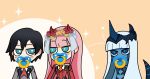  1boy 2girls :t bangs blue_eyes blue_horns blue_skin blush_stickers commentary_request darling_in_the_franxx english_commentary eyebrows_visible_through_hair facial_tattoo flower green_eyes hair_flower hair_ornament hiro_(darling_in_the_franxx) horns jealous light_blue_hair long_hair military military_uniform multiple_girls necktie oni_horns orange_neckwear pacifier pout red_horns red_neckwear spoilers tail tashidraw tattoo uniform zero_two_(darling_in_the_franxx) 