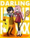  1boy 1girl arcadekitten bangs black_hair black_legwear boots brown_footwear couple darling_in_the_franxx eyes_closed fringe green_eyes hair_ornament hairband hetero hiro_(darling_in_the_franxx) holding honey honeypot horns lipstick long_hair long_sleeves looking_at_viewer military military_uniform necktie oni_horns orange_neckwear pantyhose partially_submerged pink_hair red_horns red_neckwear shoes short_hair socks tongue tongue_out uniform white_footwear white_hairband zero_two_(darling_in_the_franxx) 