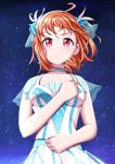  ahoge blush buckle_(artist) choker clenched_hands collarbone hand_on_own_chest headdress highres looking_at_viewer love_live! love_live!_sunshine!! orange_hair parted_lips red_eyes see-through short_hair sky solo star_(sky) starry_sky takami_chika upper_body v-shaped_eyebrows water_blue_new_world 