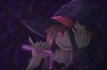  commentary dark fingernails hand_over_eye hat hikari_niji little_witch_academia long_hair looking_at_viewer luna_nova_school_uniform pink_hair potion pouring red_eyes robe sharp_fingernails sharp_teeth smile solo sucy_manbavaran teeth test_tube witch witch_hat 