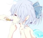  applying_makeup blue_hair bow cirno closed_eyes hair_bow ice ice_wings inasa_orange lipstick lipstick_tube makeup open_mouth pointy_ears profile purple_lipstick short_hair topless touhou wings 