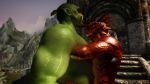  16:9 3d_(artwork) anthro argonian biceps body_hair day digital_media_(artwork) duo green_skin hair hug humanoid larger_male lizard male mmoboys_(artist) muscular orc outside red_scales reptile scales scalie size_difference sky skyrim smaller_male sweat the_elder_scrolls tusks video_games 