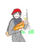  1boy alternate_costume bag baguette bangs beret black_hair blue_eyes bread brown_bag buck-therapist bush darling_in_the_franxx eiffel_tower facial_hair glass grey_scarf grocery_bag hat hiro_(darling_in_the_franxx) holding holding_cup looking_at_viewer male_focus military military_uniform mustache paper_bag red_hat scarf shopping_bag short_hair solo uniform wine_glass 