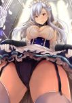  azur_lane backlighting bangs belfast_(azur_lane) black_panties blush bouquet bow bow_panties braid breasts chain collar cowboy_shot day double-breasted flower french_braid from_below garter_straps gloves grey_eyes indoors kanzaki_kureha large_breasts lifted_by_self long_hair looking_at_viewer maid maid_headdress panties parted_bangs petals silver_hair skirt skirt_lift smile solo stained_glass sunlight thighhighs underbust underwear white_legwear window 