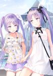  bag bare_shoulders black_neckwear black_ribbon cloud commentary_request day dress euryale eye_contact fate/grand_order fate_(series) fountain hair_ribbon handbag highres holding_hand long_hair looking_at_another multiple_girls nanotaro neck_ribbon outdoors pixiv_fate/grand_order_contest_2 purple_eyes purple_hair purple_skirt ribbon shirt short_dress short_sleeves siblings sisters skirt smile stheno twintails very_long_hair white_dress white_ribbon 