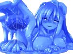  :d blue_eyes blue_hair blue_sclera blue_skin blush breasts commentary_request extra_arms eyebrows_visible_through_hair goo_girl large_breasts looking_at_viewer monster_girl open_mouth original rethnick simple_background smile solo wet white_background 