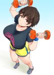  breasts brown_eyes brown_hair commentary_request dumbbell from_above highres idolmaster idolmaster_cinderella_girls large_breasts oikawa_shizuku shirt short_shorts shorts smile solo sweat weightlifting weights yosyo 