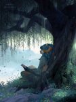  2018 anthro blue_hair book clockbirds curved_horn day detailed_background digital_media_(artwork) eyes_closed hair outside sitting smile solo tree 