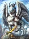  beak black_sclera blue_eyes blue_sky claws cloud cloudy_sky commentary_request day feathers glowing glowing_eyes griffin highres monster no_humans official_art original outdoors seisen_cerberus sky watermark z.dk 