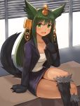  :d absurdres alternate_costume animal_ears anubis_(monster_girl_encyclopedia) bangs breasts cleavage clipboard commentary commentary_request crossed_legs egyptian english_commentary gold_trim green_eyes green_hair hair_ornament hand_up headdress highres jackal_ears jackal_tail jacket large_breasts long_sleeves looking_at_viewer miniskirt monster_girl monster_girl_encyclopedia open_mouth paws pencil_skirt purple_jacket purple_skirt shirt sitting skirt smile snake_hair_ornament solo sookmo tail third-party_source white_shirt window 