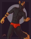  2018 5_fingers abs anthro athletic black_background black_fur black_hair black_nose blonde_hair body_hair bulge canine chest_hair clothed clothing coyote eyebrows feralise fingerpads fur gloves_(marking) grin hair inviting looking_at_viewer male mammal markings multicolored_fur multicolored_hair muscular pose simple_background smile smirk solo standing topless two_tone_fur two_tone_hair underwear yellow_eyes yellow_fur 