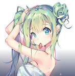  adjusting_hair ahoge arms_up from_side gradient gradient_background green_eyes green_hair hair_bun hair_half_undone hatsune_miku highres liuqing_(635320902) long_hair mouth_hold naked_towel sidelocks solo towel upper_body vocaloid wet 