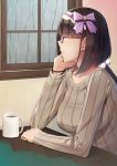  bad_id bad_pixiv_id bangs black_hair bow breasts casual commentary_request cup fate/grand_order fate_(series) glasses hairband head_rest large_breasts long_hair long_sleeves osakabe-hime_(fate/grand_order) profile purple_bow rain red-framed_eyewear red_eyes ribbed_shirt shirt solo steam umihotaru_harumare window 