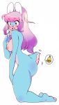  2018 blue_fur blush breasts female fur hair kneeling lagomorph mammal nipples nude open_mouth pink_hair pink_lips ponytail rabbit simple_background solo stickybreadbarbarian surprise white_background 