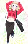  arms_up bag black_pants blonde_hair blue_eyes blush collarbone full_body hair_bobbles hair_ornament hands_on_own_head highres leg_up long_hair midriff navel new_game! open_mouth pants pink_x red_sweater sakura_nene shoes sneakers solo standing standing_on_one_leg stomach sweater white_background 