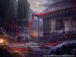  bush cloud cloudy_sky commentary_request east_asian_architecture full_moon highres moon night no_humans official_art outdoors ruins scenery seisen_cerberus shrine sky stairs stone_lantern watermark well z.dk 