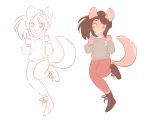  anthro boots brown_hair chinchilla cinnamon_(sinamuna) clothing facial_markings female footwear freckles fur hair heterochromia invalid_tag mammal markings pants pink_eyes pink_fur planetaryrings raised_leg rodent solo sweater tattoo whiskers yellow_eyes 