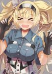  &gt;_&lt; blonde_hair blue_shirt blush breast_pocket breasts closed_eyes collared_shirt crying eyebrows_visible_through_hair gambier_bay_(kantai_collection) gloves hair_ornament hairband hands_up highres kantai_collection konkito large_breasts long_hair multicolored multicolored_clothes open_mouth pocket shirt simple_background solo tears twintails twitter_username very_long_hair 