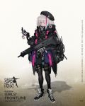  assault_rifle belt_pouch beret cellphone desert_tech_mdr girls_frontline gloves glowstick grey_hair gun hat highlights highres jacket mdr_(girls_frontline) multicolored_hair official_art one_eye_closed pantyhose phone pink_hair pouch radio ran_(pixiv2957827) rifle shoes sneakers solo watch weapon 