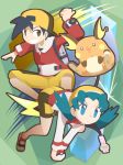  1girl :3 backpack backwards_hat bag black_hair blue_eyes blue_hair brown_eyes brown_hair cafe_(chuu_no_ouchi) capri_pants cropped_jacket crystal_(pokemon) eyebrows eyebrows_visible_through_hair eyelashes gen_1_pokemon gold_(pokemon) grin hat jacket legs_apart long_hair long_sleeves multicolored multicolored_clothes multicolored_shorts no_pupils open_clothes open_jacket pants poke_ball poke_ball_(generic) pokegear pokemon pokemon_(creature) pokemon_(game) pokemon_gsc raichu red_shirt shirt shoes short_hair shorts smile teeth thumbs_up twintails v_arms very_long_hair white_jacket yellow_hat yellow_pants 