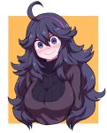  @_@ ahoge blush border breasts hairband hex_maniac_(pokemon) highres large_breasts long_hair long_sleeves looking_at_viewer nazonazo_(nazonazot) pokemon pokemon_(game) pokemon_xy purple_eyes purple_hair purple_hairband purple_sweater smile solo sweat sweatdrop sweater turtleneck wavy_mouth white_border yellow_background 