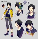  :o black_shirt brown_hair character_sheet closed_mouth commentary_request grey_background grey_pants headphones jacket layered_stories_zero looking_at_viewer looking_to_the_side multiple_views open_clothes open_jacket orange_eyes pants parted_lips profile shirt shoes simple_background smile sweatdrop yamakawa 