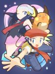  1girl :3 :d backpack bag bare_shoulders beret black_shirt blue_eyes blue_hair blue_pants boots breasts cafe_(chuu_no_ouchi) gen_1_pokemon hair_ornament hat hikari_(pokemon) kouki_(pokemon) long_hair miniskirt no_pupils o_o one_eye_closed open_mouth outstretched_arm pants pink_footwear pink_skirt poke_ball_theme pokemon pokemon_(creature) pokemon_(game) pokemon_dppt raichu red_footwear red_hat red_scarf scarf shirt shoes short_hair short_sleeves skirt small_breasts smile straight_hair tank_top tongue white_hat 