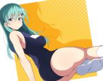  aqua_hair arm_support ass blue_eyes blush border breasts closed_mouth hair_between_eyes hair_ornament hairclip highres kantai_collection large_breasts long_hair looking_at_viewer nel-c one-piece_swimsuit school_swimsuit sideboob sitting socks solo suzuya_(kantai_collection) swimsuit twisted_torso two-tone_background white_border white_legwear yellow_background 