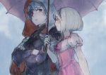  c_kihara crossed_arms djeeta_(granblue_fantasy) dress fighter_(granblue_fantasy) granblue_fantasy hairband hood pink_dress pink_hairband puffy_short_sleeves puffy_sleeves rain short_hair short_sleeves six_(granblue_fantasy) umbrella 