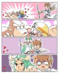  2boys 4koma angel_wings arrow bare_shoulders bow_(weapon) brown_hair closed_mouth comic commentary constricted_pupils donkey_kong donkey_kong_(series) dress english_commentary eye_contact facial_hair fujoshi goggles goggles_on_head green_eyes green_hair hand_on_another's_shoulder heart helmet holding holding_bow_(weapon) holding_weapon john_su kid_icarus kid_icarus_uprising long_hair long_sleeves looking_at_another multiple_boys mustache open_mouth palutena pants pit_(kid_icarus) pointy_ears serious short_hair silent_comic sparkle standing strapless strapless_dress super_smash_bros. sweat sweating_profusely thumbs_up tiara trembling tunic turn_pale v-shaped_eyebrows very_long_hair vest wario weapon white_wings wide-eyed wings 