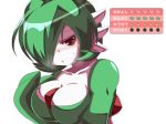  1girl blush breasts breath collarbone egg eyebrows_visible_through_hair female gameplay_mechanics gardevoir gen_3_pokemon green_hair hair_over_one_eye half-closed_eyes hand_up heart japanese_text large_breasts looking_at_viewer musical_note narura no_humans open_mouth pokemon pokemon_(creature) pokemon_amie red_eyes shiny shiny_hair short_hair simple_background solo sweatdrop translation_request upper_body white_background 
