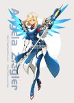  alternate_costume beret blonde_hair character_name combat_medic_ziegler eyebrows_visible_through_hair eyes_visible_through_hair full_body hat highres looking_at_viewer mechanical_wings medium_hair mercy_(overwatch) overwatch smile solo staff wings younger ziyo_ling 