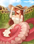  :d bare_shoulders breasts cleavage commission day dress field flower flower_field hair_between_eyes hand_on_headwear hand_on_hip hat hat_removed headwear_removed highres jewelry lamia large_breasts long_hair miia_(monster_musume) monster_girl monster_musume_no_iru_nichijou open_mouth outdoors puffy_short_sleeves puffy_sleeves red_hair ring scales short_sleeves sitting slit_pupils smile solo sookmo sundress sunflower wedding_band white_dress yellow_eyes 