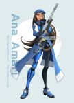  alternate_costume ana_(overwatch) beret brown_eyes brown_hair captain_amari character_name coat dark_skin facial_tattoo full_body gun hat highres long_hair looking_at_viewer overwatch rifle smile sniper_rifle solo tattoo very_long_hair weapon younger ziyo_ling 
