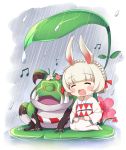  :d agung_syaeful_anwar animal_ears bangs blunt_bangs blush_stickers braid bunny bunny_ears commentary commentary_request english_commentary eyebrows_visible_through_hair eyes_closed facing_viewer flower frog highres japanese_clothes kimono leaf lily_pad long_sleeves minigirl musical_note obi onmyoji open_mouth rain red_flower sash seiza shikigami short_hair sitting smile white_kimono yamausagi 