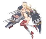  adapted_costume ahoge american_flag bare_arms blonde_hair blue_eyes breasts cannon cleavage hair_ornament heart heart_hands iowa_(kantai_collection) kantai_collection large_breasts long_hair looking_at_viewer nanidato_(nanidat0) navel open_mouth red_legwear rigging rudder_shoes shizuma_yoshinori_(style) simple_background solo star star-shaped_pupils symbol-shaped_pupils thighhighs tomahawk_missile turret white_background 