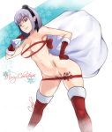  areolae bangs black_flower black_hairband black_rose blue_eyes bow breasts cash007 dagashi_kashi flower fur_trim gift_bag gloves hairband hand_on_hip highres large_breasts leaning_forward looking_at_viewer merry_christmas naked_ribbon navel parted_lips pink_lips pubic_hair purple_hair red_bow red_gloves red_legwear red_ribbon ribbon ringed_eyes rose shidare_hotaru short_hair skindentation smile snowflakes solo spread_legs stomach thighhighs 
