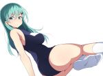  aqua_hair arm_support ass blue_eyes blush border breasts closed_mouth hair_between_eyes hair_ornament hairclip highres kantai_collection large_breasts long_hair looking_at_viewer nel-c one-piece_swimsuit school_swimsuit sideboob simple_background sitting socks solo suzuya_(kantai_collection) swimsuit twisted_torso white_background white_border white_legwear 
