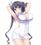  armpits arms_behind_head arms_up black_hair blue_eyes blue_ribbon blush breasts cleavage_cutout covered_navel dress dungeon_ni_deai_wo_motomeru_no_wa_machigatteiru_darou_ka hair_lift hair_ribbon hasu_(hk_works) hestia_(danmachi) large_breasts long_hair mouth_hold rei_no_himo ribbon short_dress simple_background sleeveless sleeveless_dress solo twintails white_background white_dress 