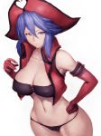  black_panties breasts cameltoe cleavage covered_nipples elbow_gloves fumio_(rsqkr) gloves hand_on_hip hat hips large_breasts long_hair looking_at_viewer love_heart midriff navel panties pirate_hat purple_eyes purple_hair red_gloves simple_background smile solo the_king_of_fighters the_king_of_fighters_xiv underwear white_background wide_hips 