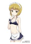  apron arm_behind_back bangs bikini_top blonde_hair blunt_bangs blush breasts closed_mouth collarbone commentary cowboy_shot cutlass_(girls_und_panzer) dated eyebrows_visible_through_hair flipper frilled_apron frilled_bikini_top frilled_skirt frills frown girls_und_panzer groin hand_to_own_mouth looking_at_viewer maid maid_headdress midriff miniskirt navel navy_blue_bikini_top navy_blue_skirt short_hair simple_background skirt small_breasts solo standing twitter_username waist_apron white_apron white_background wristband yellow_eyes 